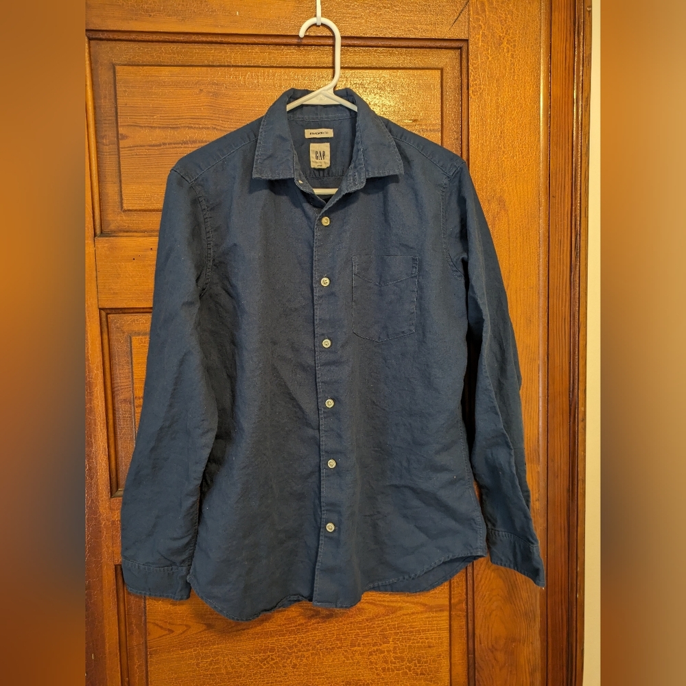 Navy Blue Gap Long Sleeve Button Down Small Linen-Cotton Blend